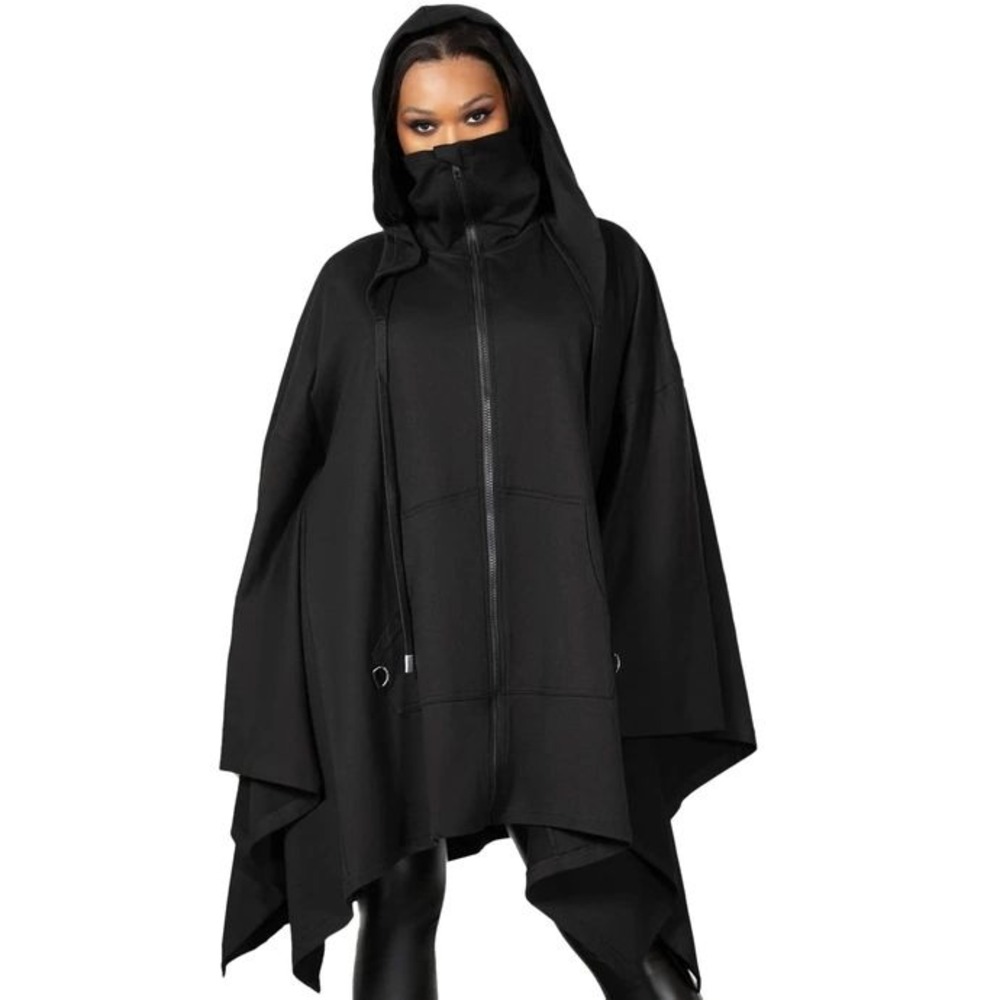 Killstar Lightworks Cloak Black Cotton Hooded Cape Zip Front XS-M KSRA004278